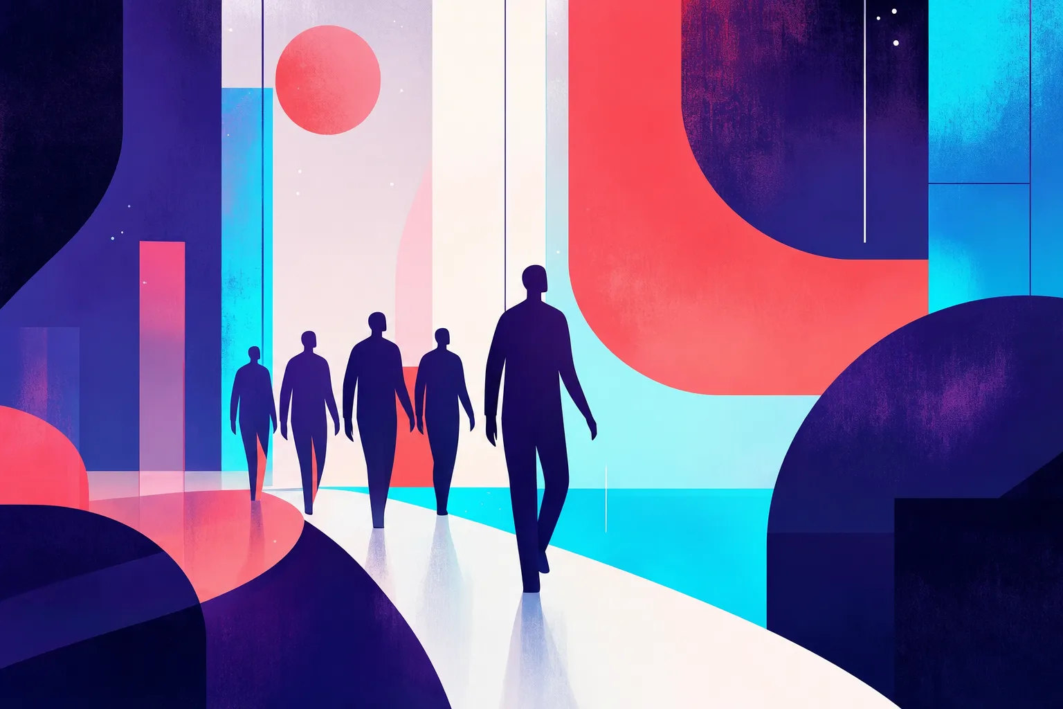Abstract illustration of a team of figures moving together along a clear, structured pathway, with one figure slightly ahead modelling the way forward