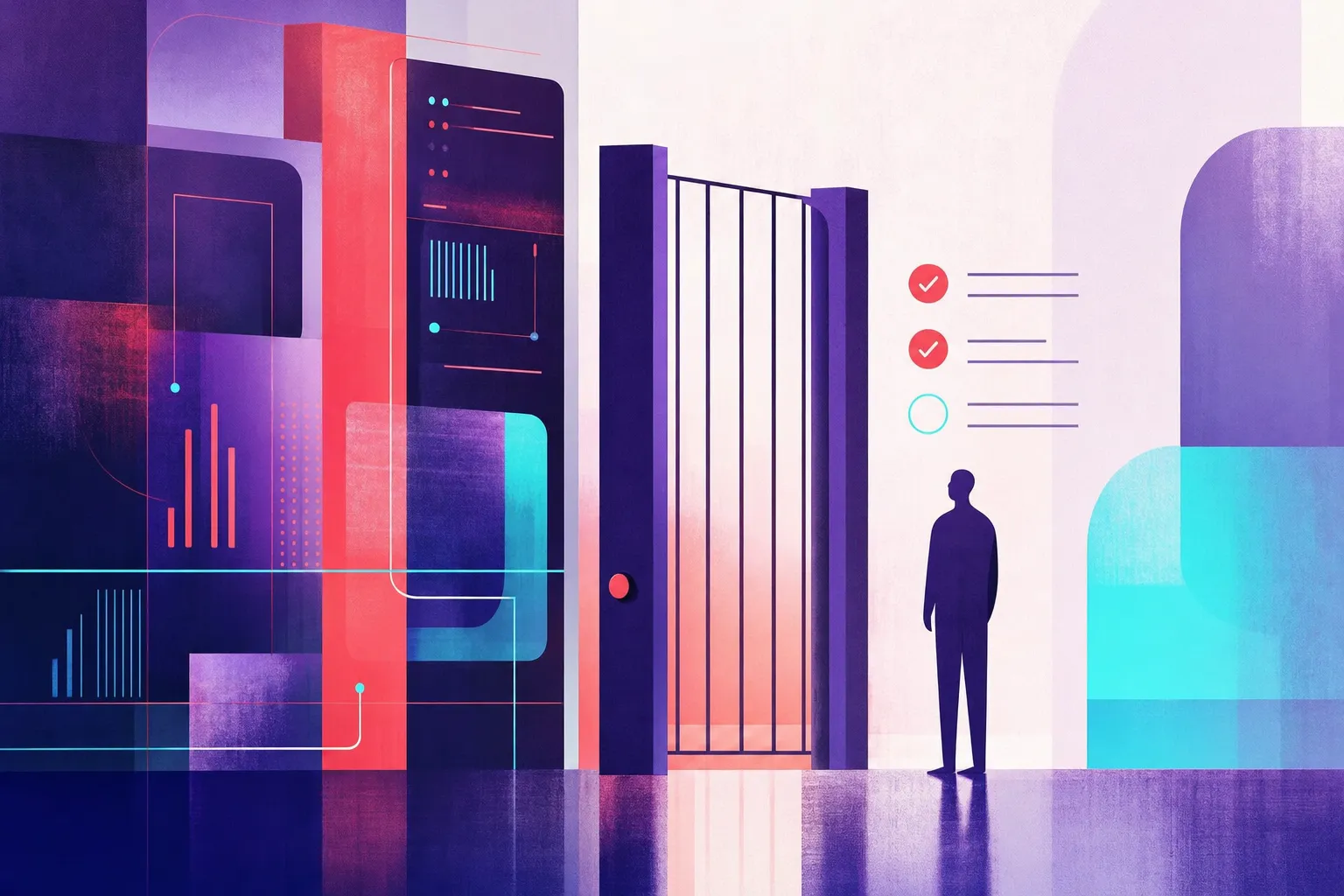 Abstract illustration of a gate with a checklist beside it, standing between a business's core systems and a small autonomous figure waiting to pass through