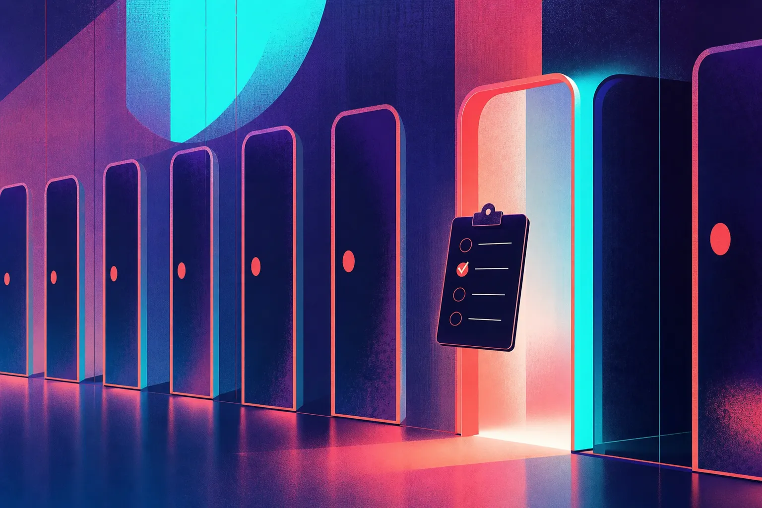 A row of near-identical geometric doorways with one highlighted and open, a checklist floating in front — representing evaluating and choosing the right AI consultant among many similar-looking options