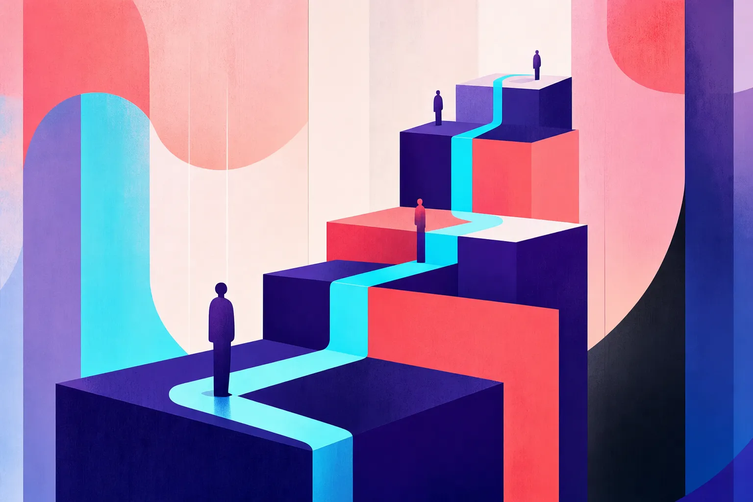 Abstract illustration of ascending geometric platforms rising from a single solid foundation block, connected by one clear upward path