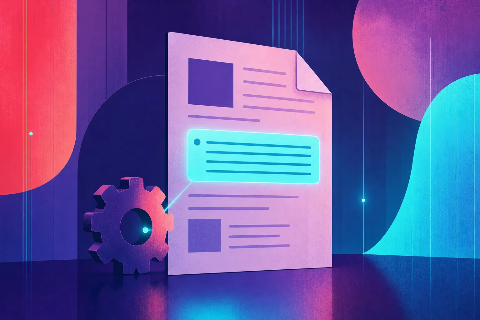 Abstract illustration of a document gaining a visible, highlighted panel of text as a small gear turns beside it, representing a privacy policy being updated to disclose an automated process