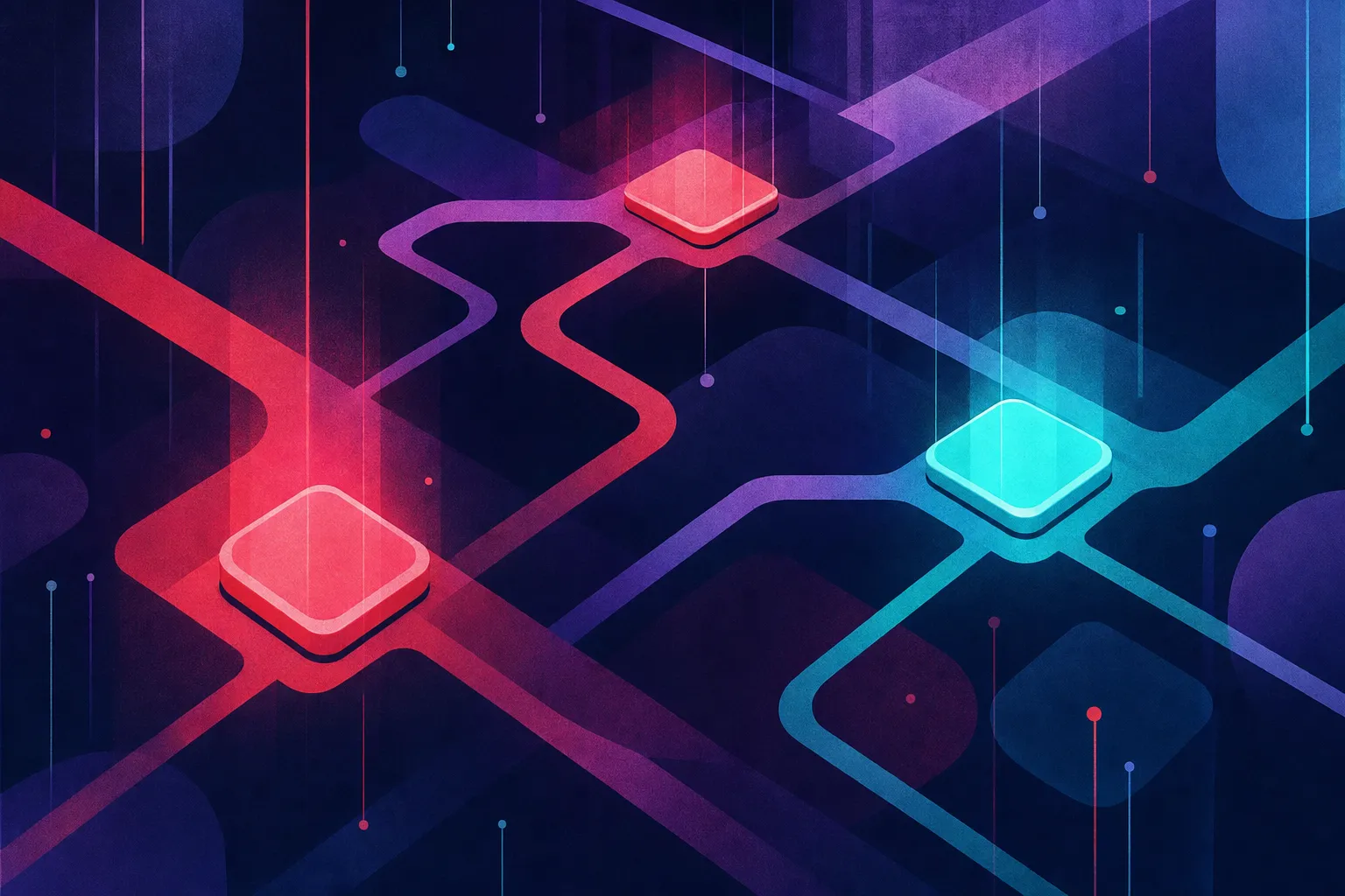 Abstract illustration of interconnected geometric pathways, with several nodes highlighted to represent the highest-value points in a business process worth automating
