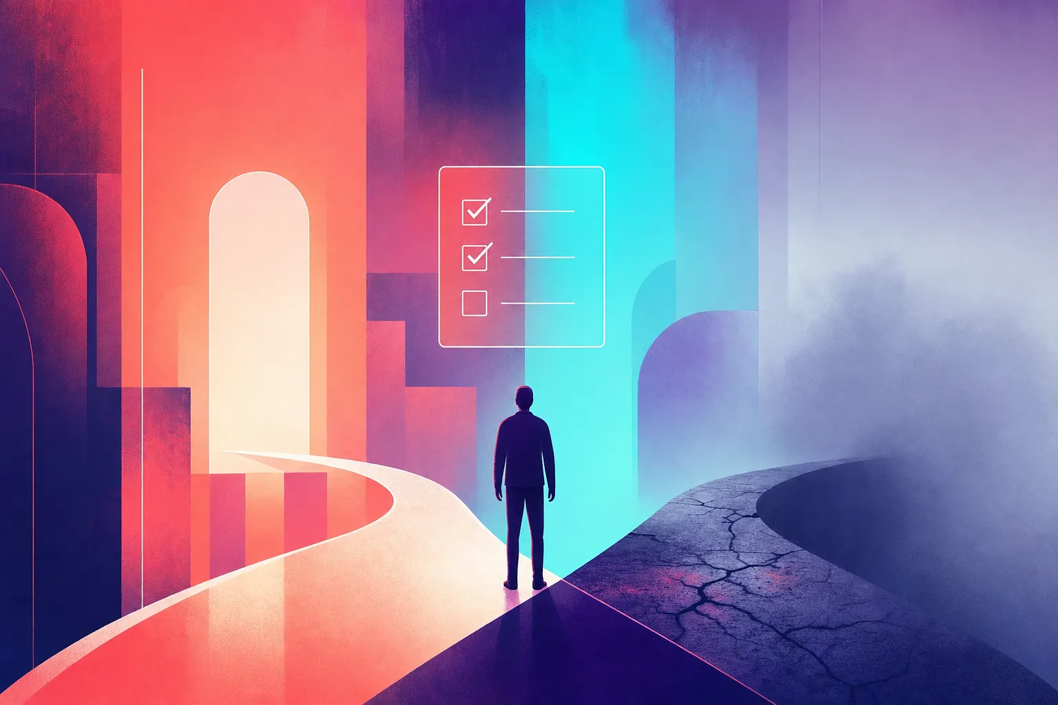 A figure standing at a fork in the road, one path clear and lit forward, the other faded into fog, with a floating checklist above — representing a business weighing whether it's ready to take on AI
