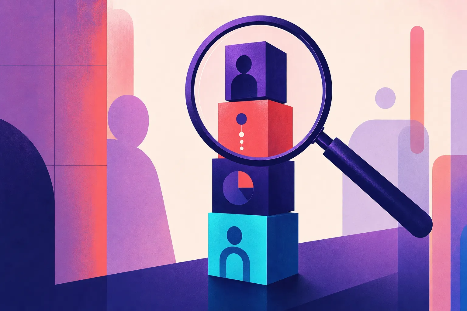 A magnifying glass hovering over four stacked geometric blocks representing people, process, data, and technology — representing a structured audit assessing each layer of a business