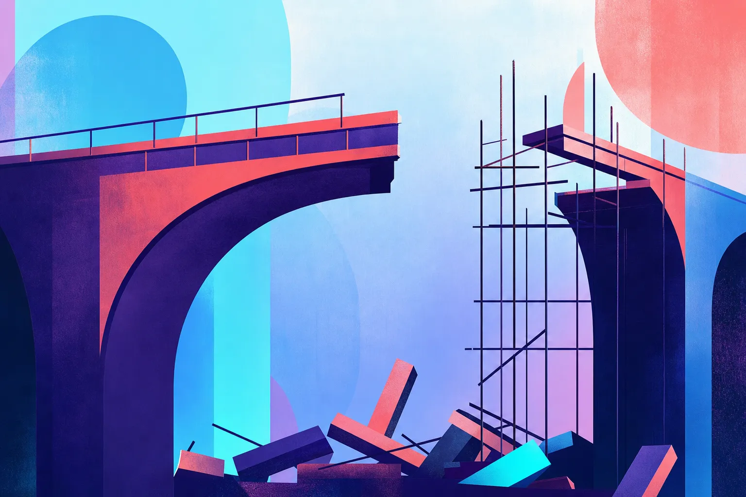 A geometric bridge with a gap in the middle, one side built and the other left as bare scaffolding — representing an AI project that stalled partway through for lack of a solid foundation
